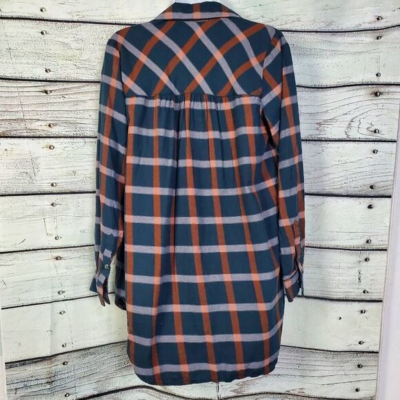 Knox Rose Women’s Plaid Button Down Tunic Shirt Size M Blue Rust Long Sleeve Top - Picture 3 of 4